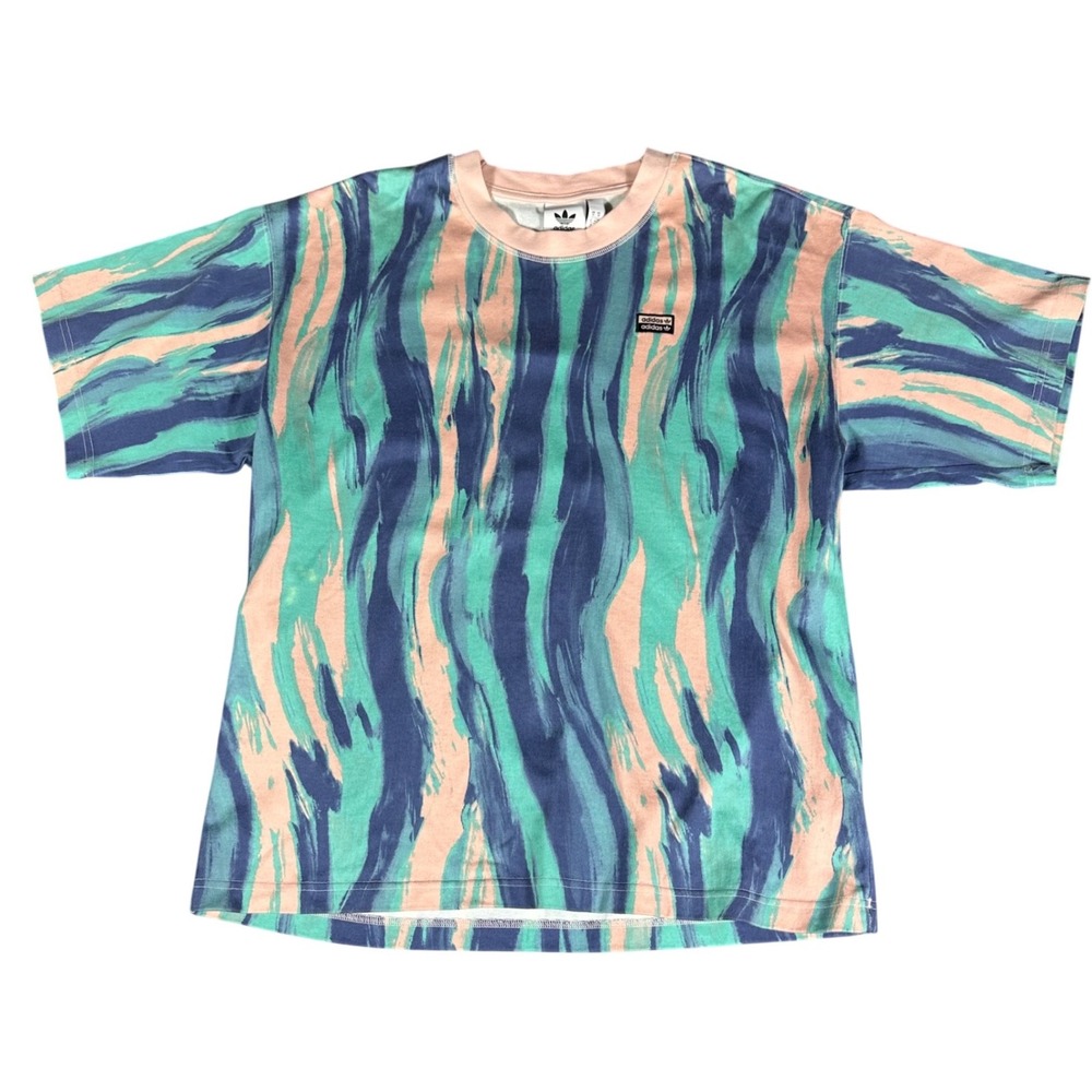 Adidas T-Shirt Mens Medium Teal Peach Abstract RYV Brushstroke Trefoil GN3319 - Picture 2 of 10